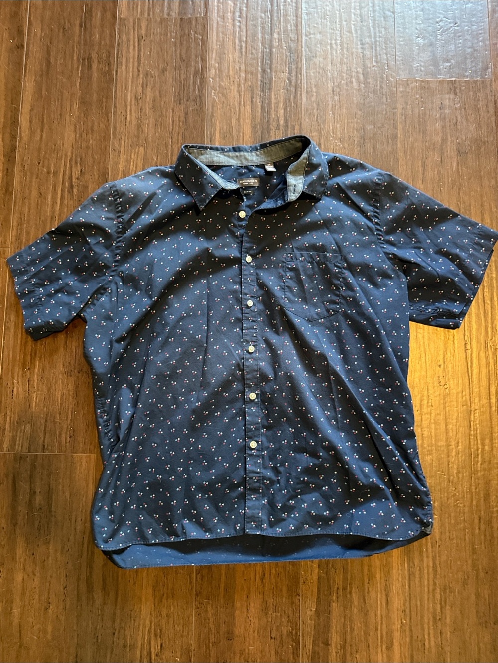 Van Heusen Navy Short-Sleeve Button-Down Shirt with Red, White, & Blue Stars